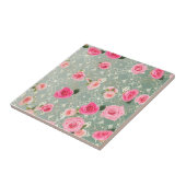  roze rozen op het gouden Blauwgroen Damaspatroon Tegeltje (Zijkant)