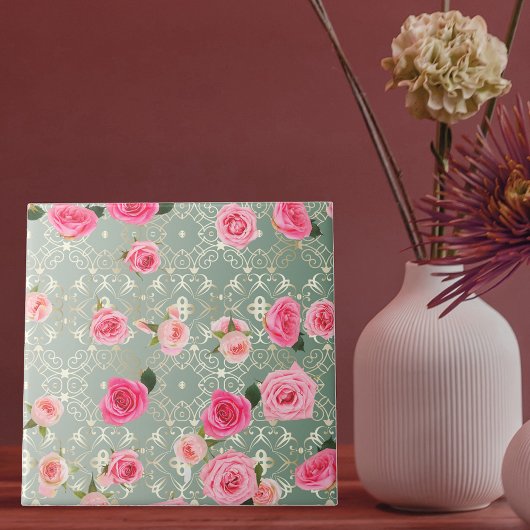  roze rozen op het gouden Blauwgroen Damaspatroon Tegeltje