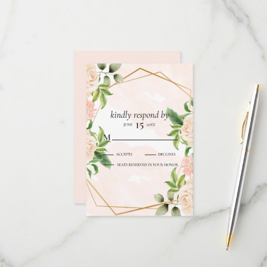 Roze Rozen op Lijst RSVP Kaartje (Voorkant / Achterkant in situ)