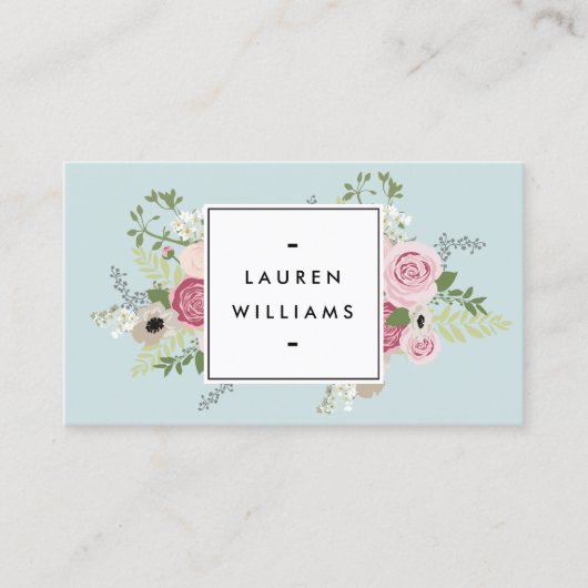  roze rozen op Mint Antiek Blauw Visitekaartje (Voorkant)