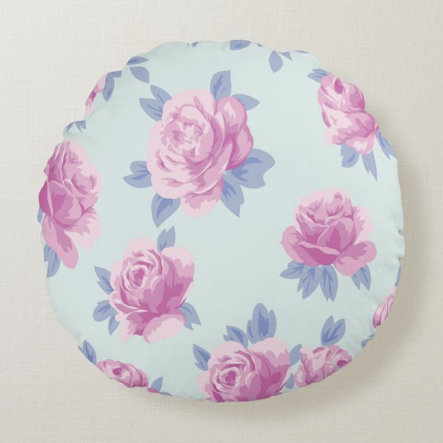 roze rozen op munt, shabby chic, Victoriaans, mooi Rond Kussen (Voorkant)