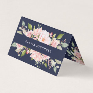  roze rozen op Navy Blue   Floral Folded Visitekaartje