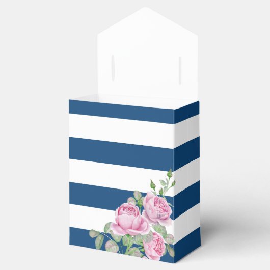 Roze Rozen op Navy Stripes Custom Bedankdoosjes (Geopend)