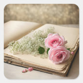 Roze rozen op oud plakboek vierkante sticker (Voorkant)