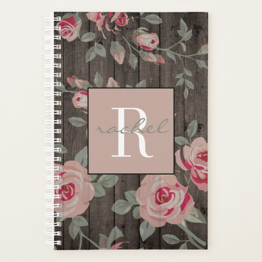 Roze Rozen op rustieke houten monogram planner (Voorkant)