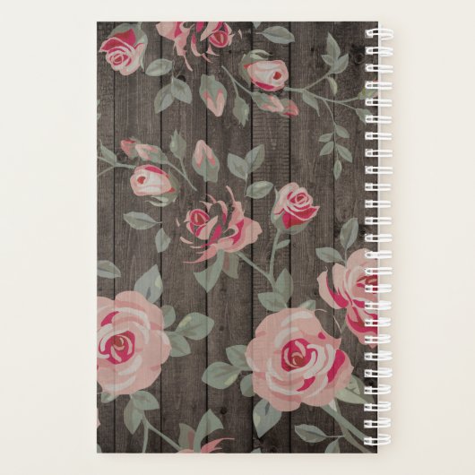 Roze Rozen op rustieke houten monogram planner (Achterkant)