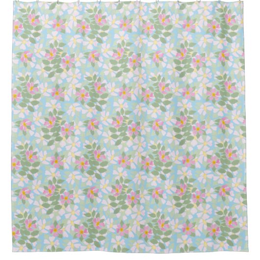  roze Rozen op Sky Blue Floral Pattern Douchegordijn (Voorkant)