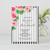 Roze rozen op Stripes Baby Shower Invitting (Staand voorkant)