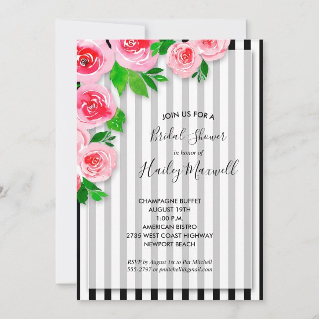 Roze rozen op stripes Bridal Shower Invitations (Voorkant)