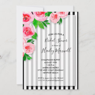 Roze rozen op stripes Bridal Shower Invitations
