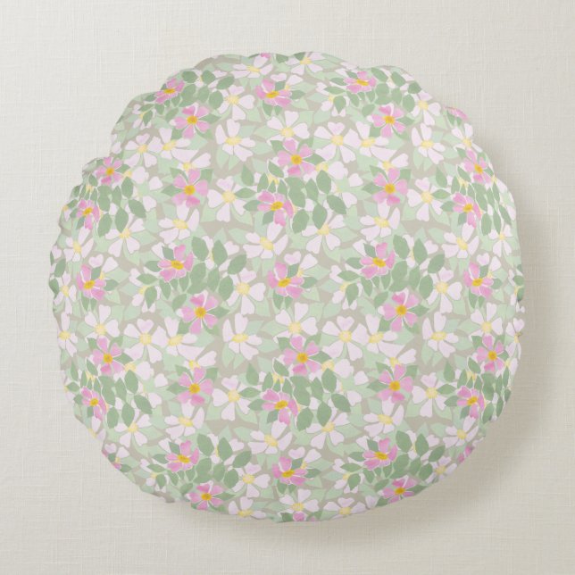  roze Rozen op Taupe Round Pillow Rond Kussen (Voorkant)