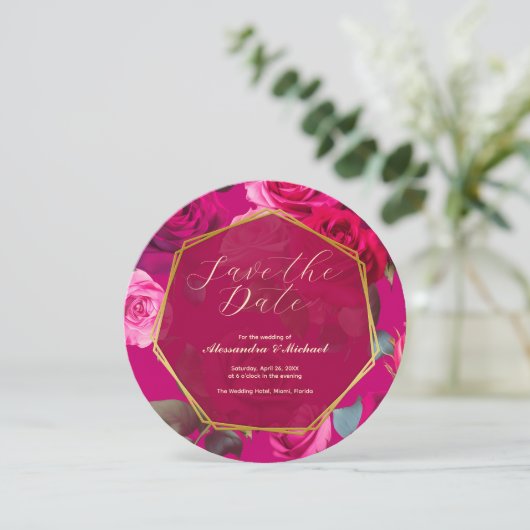 Roze rozen op Viva Magenta | Datum opslaan Kaart (Staand voorkant)