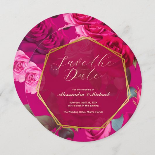 Roze rozen op Viva Magenta | Datum opslaan Kaart (Voorkant / Achterkant)