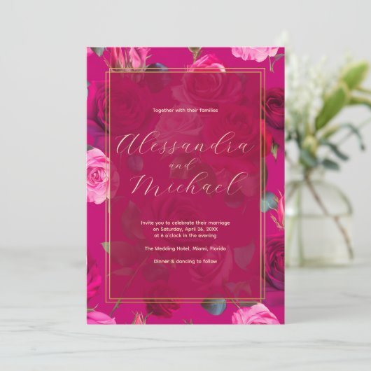 Roze rozen op Viva Magenta | Weddenschap Kaart (Staand voorkant)
