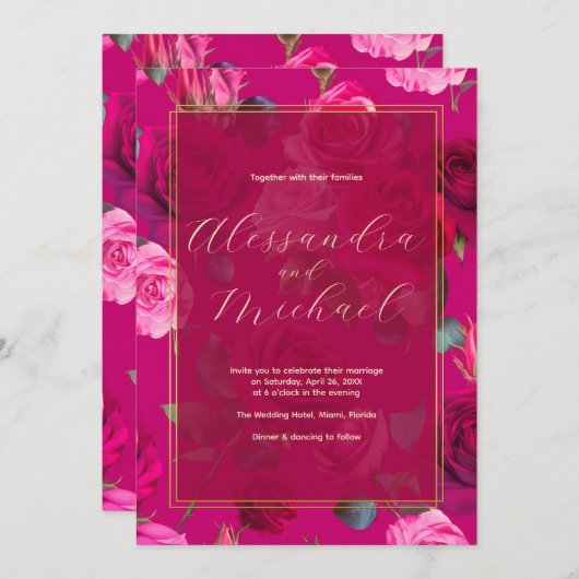 Roze rozen op Viva Magenta | Weddenschap Kaart (Voorkant / Achterkant)