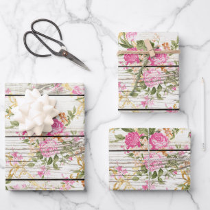 Roze Rozen op wit barnboard Inpakpapier Vel