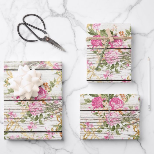 Roze Rozen op wit barnboard Inpakpapier Vel (Voorkant)
