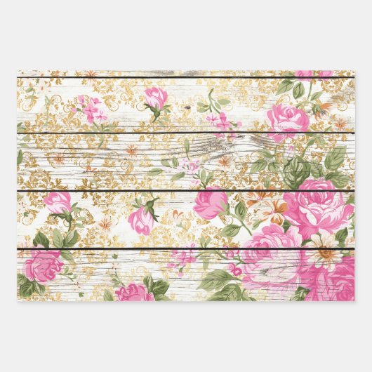 Roze Rozen op wit barnboard Inpakpapier Vel (Voorkant)