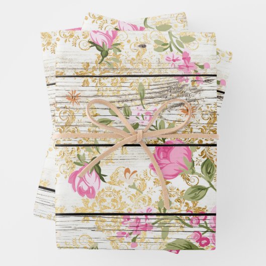 Roze Rozen op wit barnboard Inpakpapier Vel (In situ)