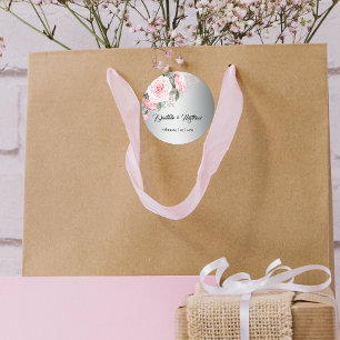 Roze Rozen op zilveren botanische bruiloft Ronde Sticker