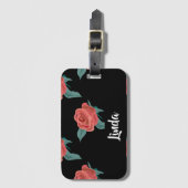 Roze rozen op zwart bagagelabel (Voorkant (verticaal))