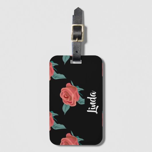 Roze rozen op zwart bagagelabel (Voorkant (verticaal))