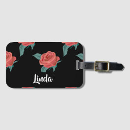 Roze rozen op zwart bagagelabel