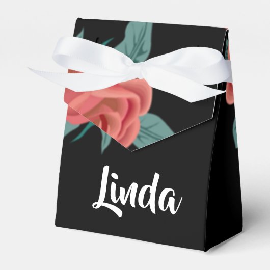 Roze rozen op zwart bedankdoosjes (Voorkant Zijde)