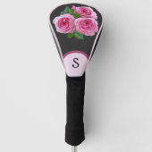 Roze Rozen op zwart bloemig monogram dame Golfheadcover (Voorkant)