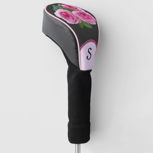 Roze Rozen op zwart bloemig monogram dame Golfheadcover (Schuin)