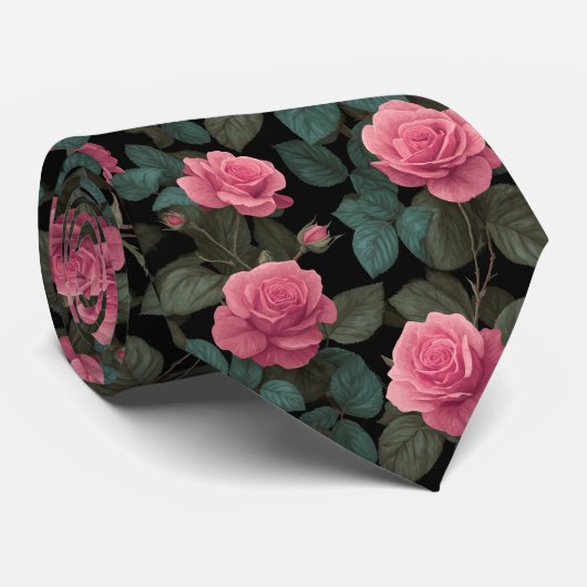 Roze rozen op zwart bloempatroon stropdas (Opgerold)