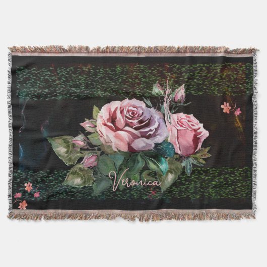 Roze Rozen op zwart Deken (Voorkant)