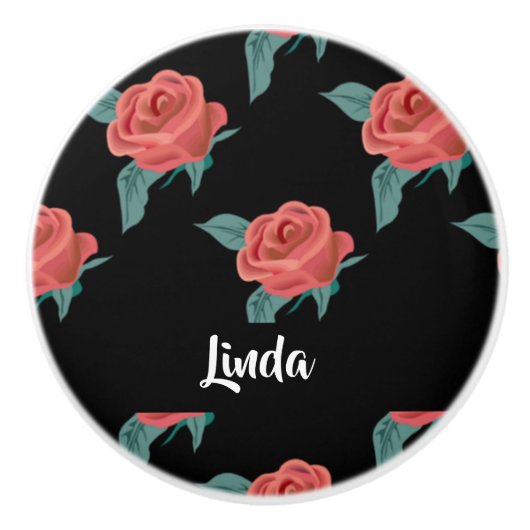 Roze rozen op zwart keramische knop (Voorkant)
