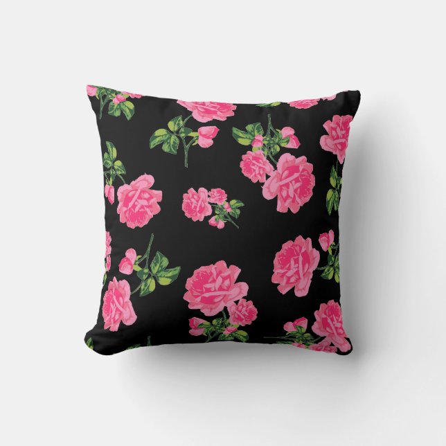  roze rozen op zwart kussen (Voorkant)