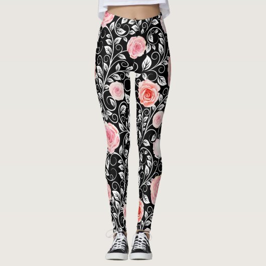 Roze rozen op zwart leggings (Voorkant)