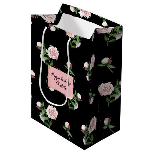 Roze rozen op zwart medium cadeauzakje (Voorkant Gekanteld)