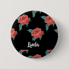 Roze rozen op zwart ronde button 5,7 cm