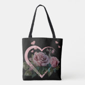 Roze rozen op zwart tote bag (Achterkant)