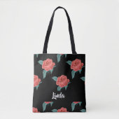 Roze rozen op zwart tote bag (Voorkant)