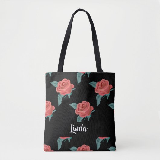 Roze rozen op zwart tote bag (Voorkant)