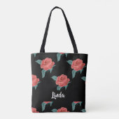 Roze rozen op zwart tote bag (Achterkant)