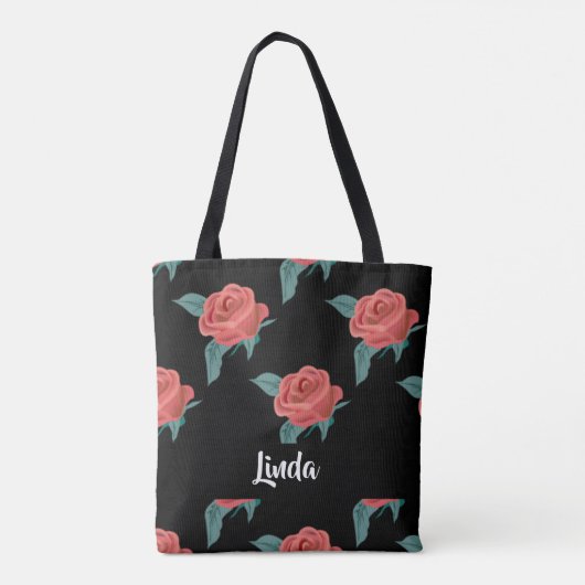 Roze rozen op zwart tote bag (Achterkant)
