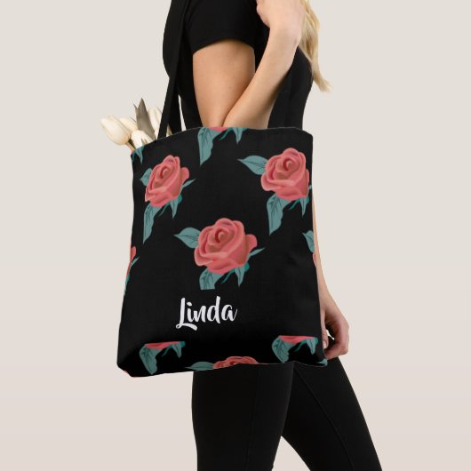 Roze rozen op zwart tote bag (Dichtbij)