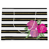 Roze Rozen op zwart, wit, gouden geschenkzak Large Cadeautasje (Voorkant)