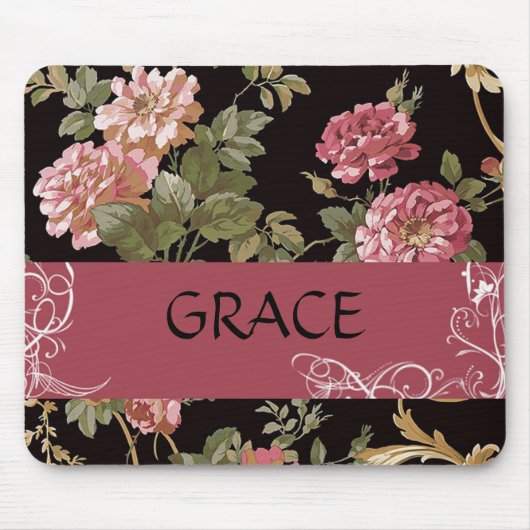 Roze rozen op zwarte bloemense personal mouse pad muismat (Voorkant)