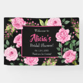 Roze rozen op zwarte bruidsdouche spandoek (Horizontaal)
