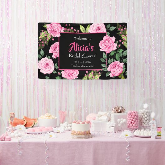 Roze rozen op zwarte bruidsdouche spandoek (Feest)