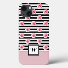 Roze rozen op zwarte en witte strepen met Initiaal Case-Mate iPhone Case