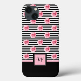 Roze rozen op zwarte en witte strepen met Initiaal Case-Mate iPhone Case