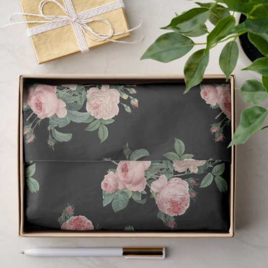  roze rozen op zwarte lospagina tissuepapier (Geschenk)